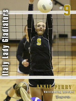 Image: Lady Gladiator junior #9 Annie Perry was named Outstanding Blocker in Region 2 ~ District 12-2A during Italy’s 2016 campaign.