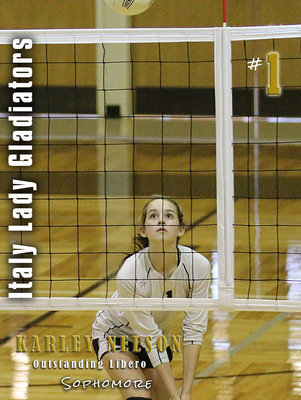 Image: Lady Gladiator sophomore #1 Karley Nelson was named Outstanding Libero in Region 2 ~ District 12-2A during Italy’s 2016 campaign.