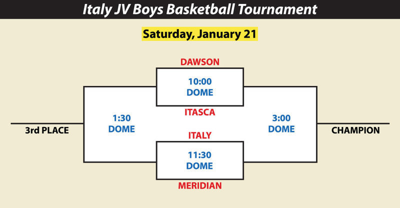 Image: Attached are the game brackets for the upcoming Italy JV Boys Only Basketball Tournament being held inside the dome on Saturday, January 21, 2017. Italy , Itasca, Dawson and Meridian will be competing.