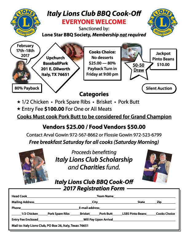 Image: Attached is information and registration form for the annual Italy Lions Club BBQ Cook-off planned for February 17-18, 2017. Click image to enlarge and then click ‘Fit To Page’ before printing.