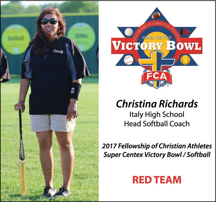 Image: Italy High School head softball coach Tina Richards selected as part of the RED team coaching staff for the 2nd Annual 2017 Fellowship of Christian Athletes Victory Bowl Softball Game. The game will be played at the University of Mary-Hardin Baylor (UMHB) on Friday, June 9, starting at 6:30 p.m. following the end of an uplifting week of practices, service projects.