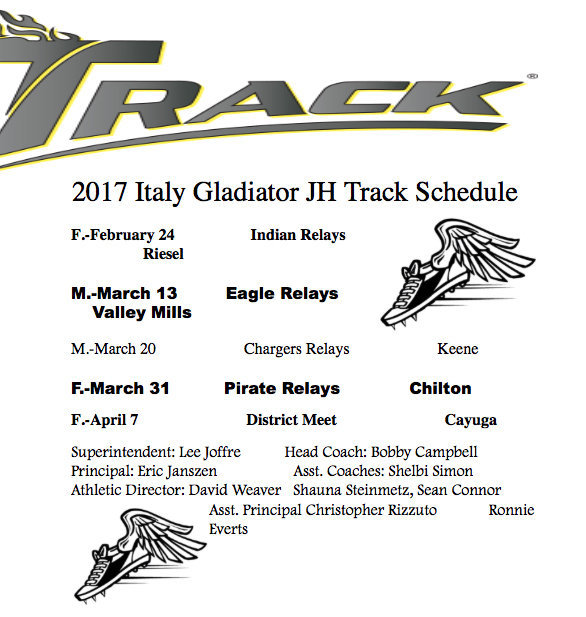 Image: Italy Gladiators’ 2017 Junior High Track Schedule.