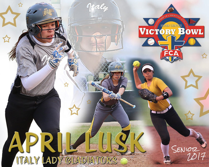 Image: Italy High School senior softball student-athlete April Lusk has recently been selected to participate in the 2nd Annual 2017 Fellowship of Christian Athletes Super Centex Victory Bowl All-Star Softball Game, as a member of the RED team. The game will be played at Waco’s University of Mary-Hardin Baylor (UMHB) on Friday, June 9, in Belton, starting at 6:30 p.m. following the end of an uplifting week of practices and service projects.