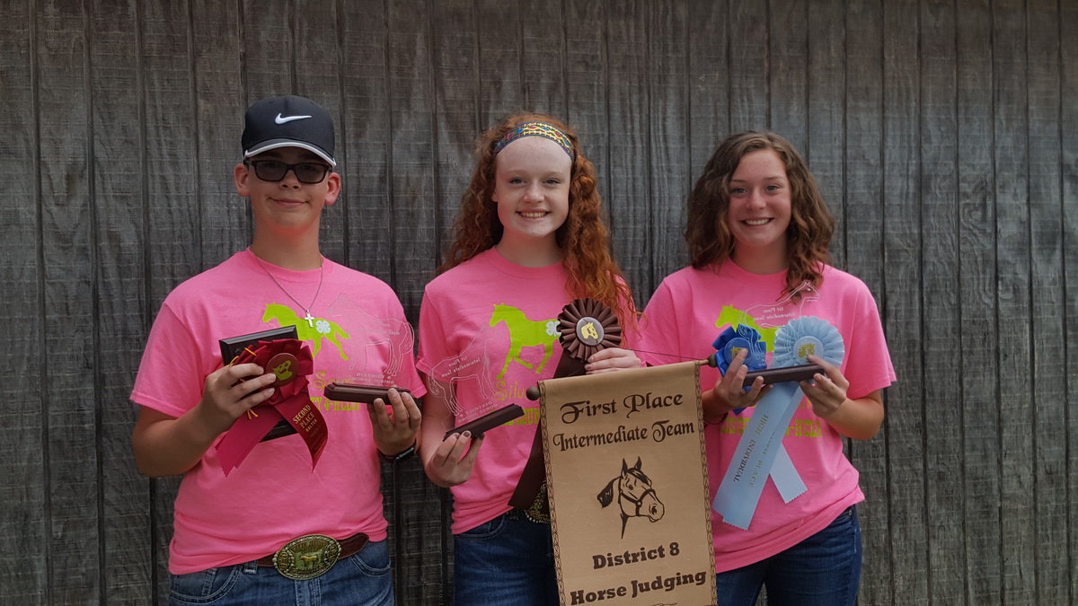 Image: The Silver Spurs team of Jacob Ingram, Maegen Newsom and Sadie Hinz won first in District 8 Horse Judging.