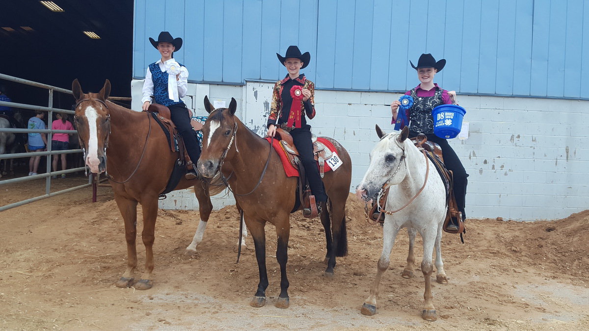 Image: Ellis County Silver Spurs riders swept Horsemanship! From left, Brylee Tucker of Hillsboro 3rd place, Gentry Rogers of Milford 2nd place, and Sadie Hinz of Italy 1st place.