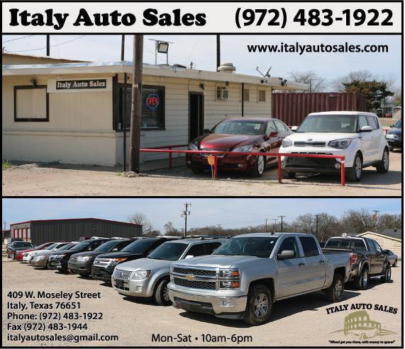 Image: Italy Auto Sales is conveniently located near the intersection of Hwy 34 and Hwy 77 and specializes in selling pre-owned cars, SUVs. and trucks. Open Monday – Saturday from 10:00 a.m. – 6:00 p.m. Call: 972-483-1922 to get the wheels turning!
