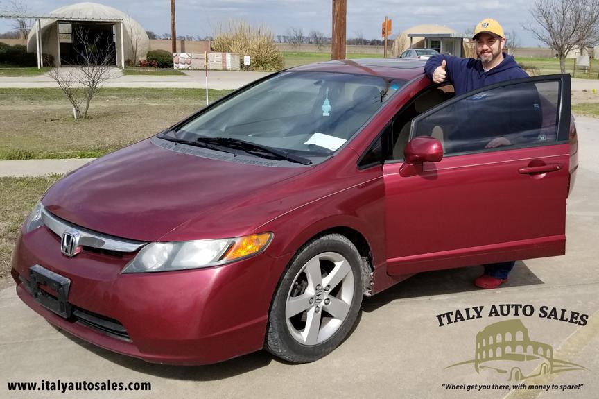 Image: Barry Byers is pictured with his 2008 Honda Civic Sedan he recently purchased from Italy Auto Sales. Call us at  (972) 483-1922 to get the wheels turning on your next car with money to spare!